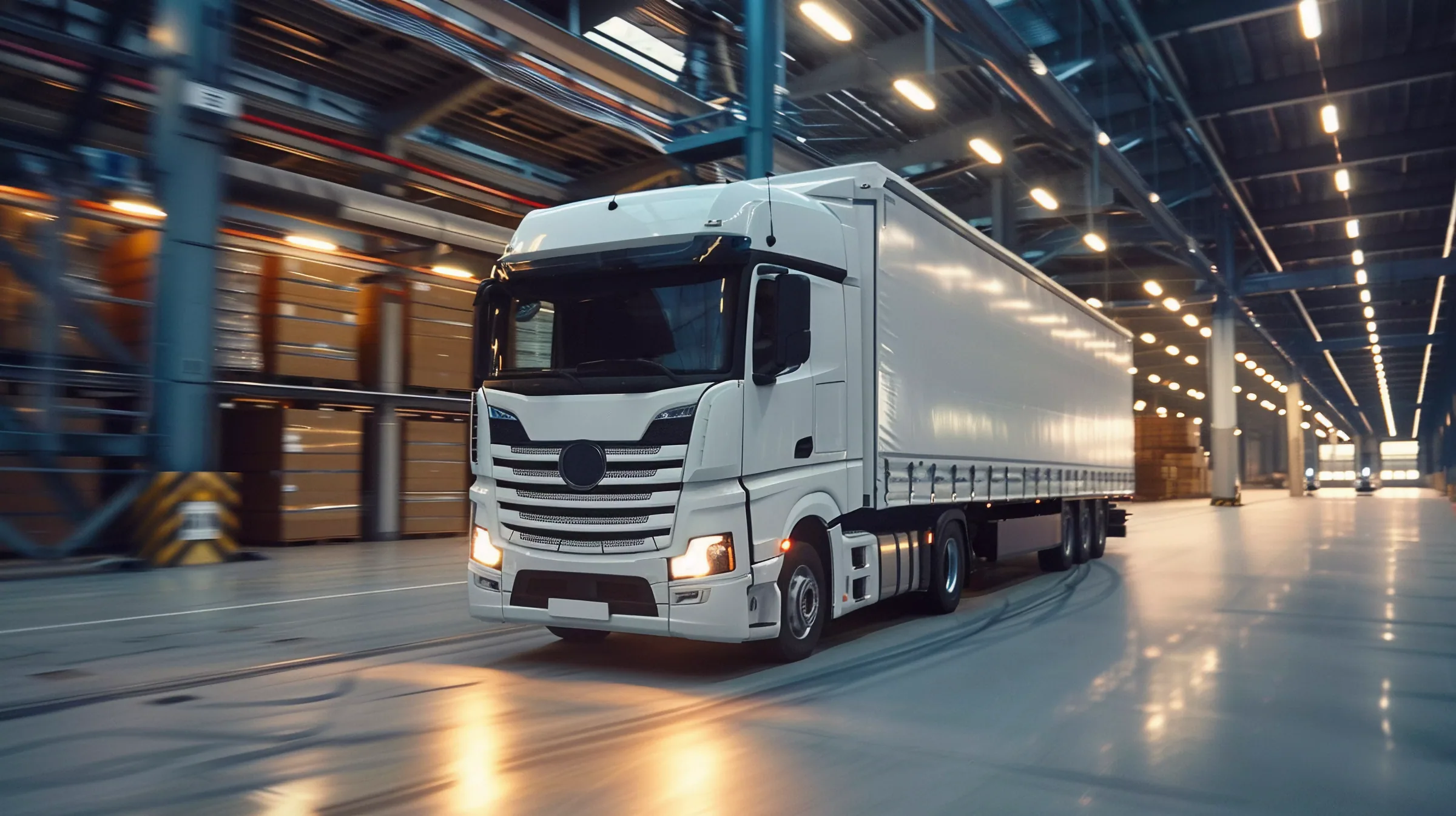 Freight truck moving through a warehouse logistics hub
